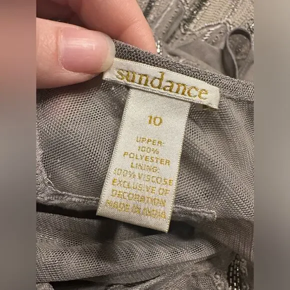 Sundance Mesh Overlay Beaded Chevron Silver Grey Dress Size 10 EUC - Picture 4 of 6